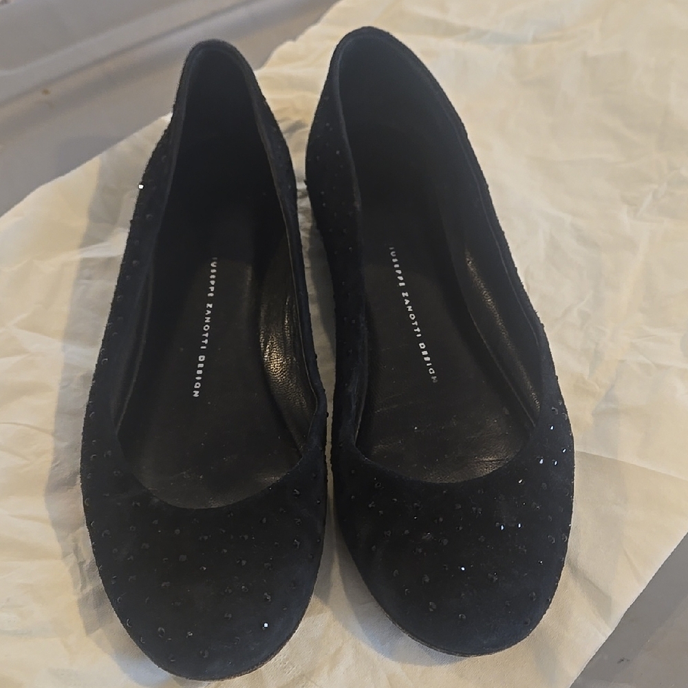 Giuseppe Zanotti Black Suede Embellished Ballet Flats